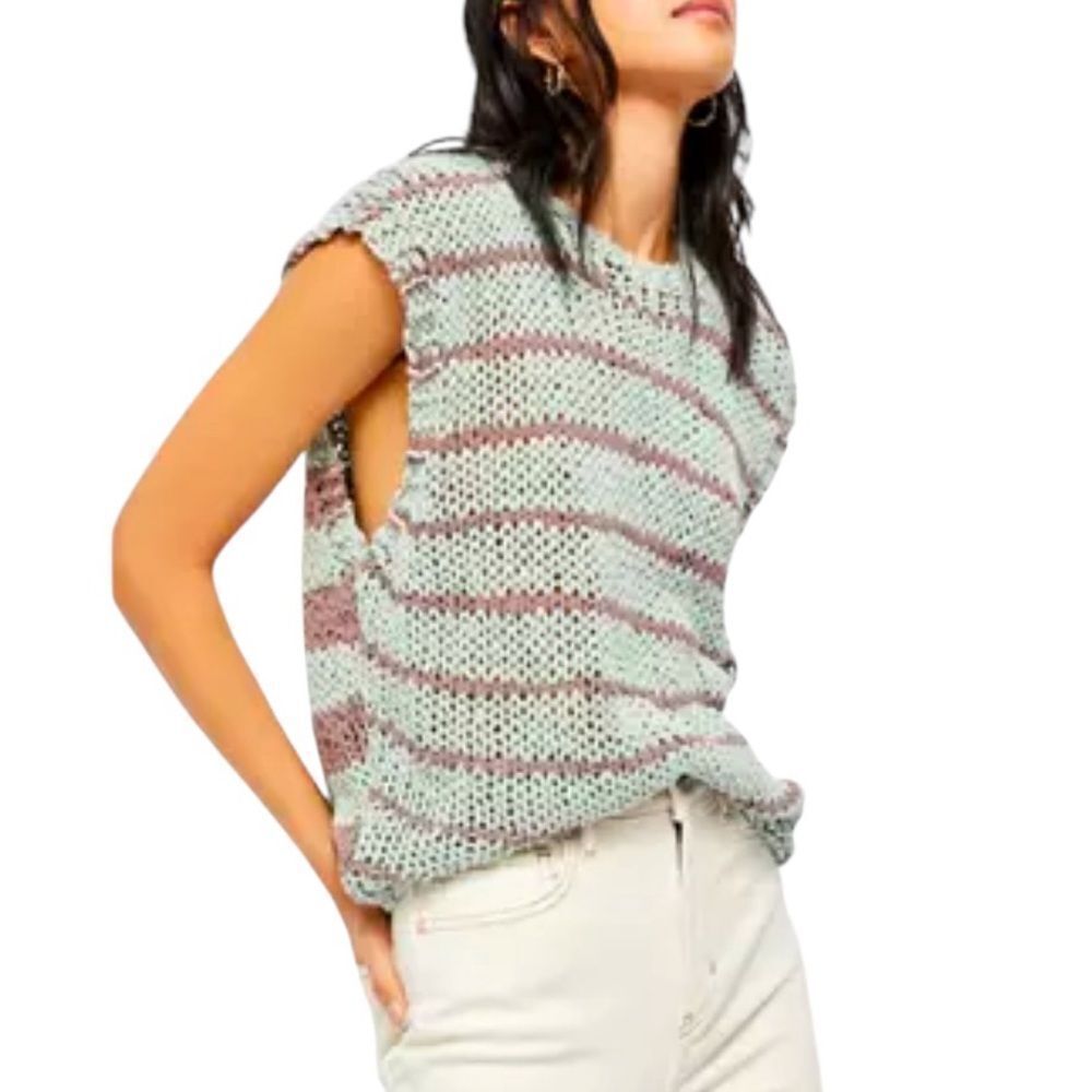 Free People wave after wave sleeveless sweater aqua and taupe stripe size Medium
